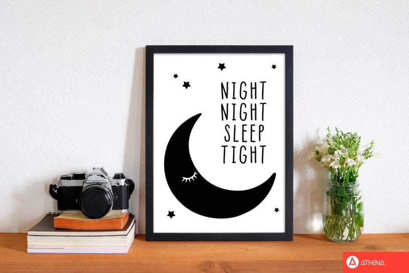 Night night moon black modern fine art print, framed childrens nursey wall art poster