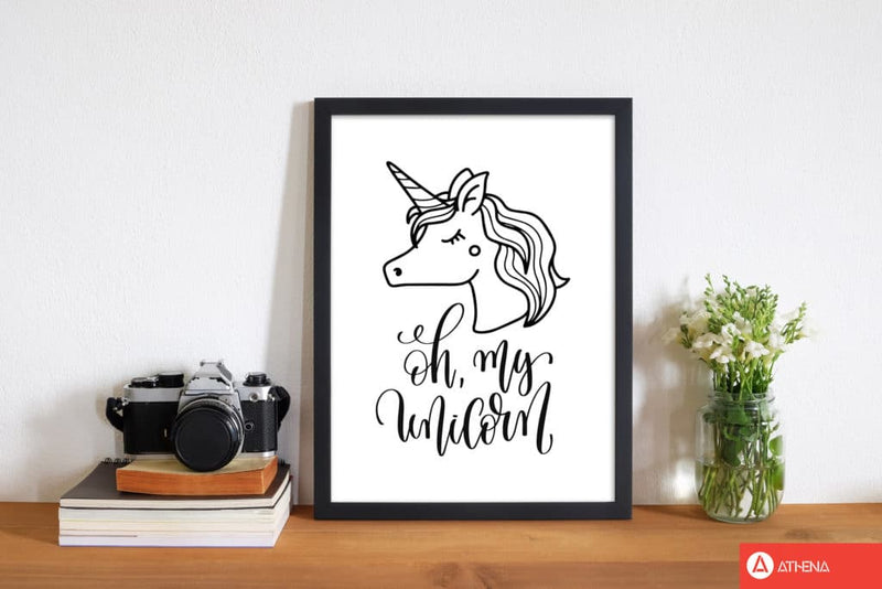 Oh my unicorn black modern fine art print, framed childrens nursey wall art poster