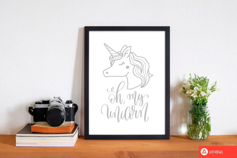 Oh my unicorn grey modern fine art print, framed childrens nursey wall art poster