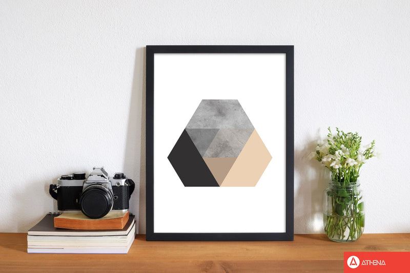 Peach and black abstract hexagon modern fine art print