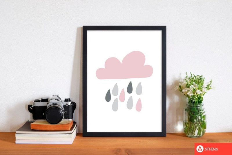 Pink and grey rain cloud modern fine art print, framed childrens nursey wall art poster