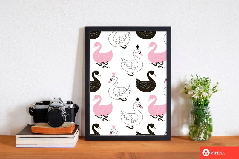 Pink black and white swan pattern modern fine art print