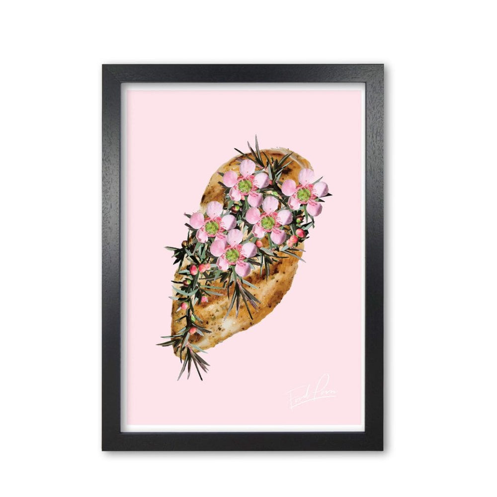 Pink Chicken Floral Food Print, Framed Kitchen Wall Art