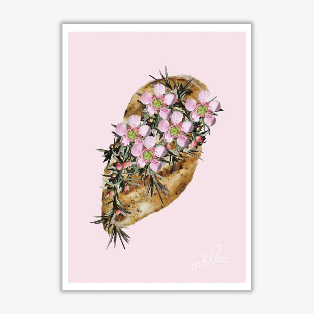 Pink Chicken Floral Food Print, Framed Kitchen Wall Art