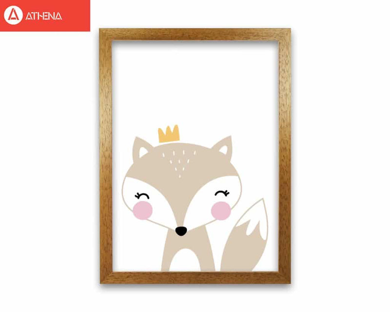 Scandi beige fox with crown modern fine art print, framed childrens nursey wall art poster