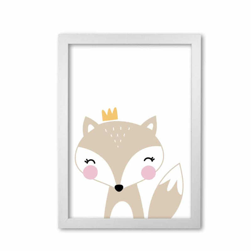 Scandi beige fox with crown modern fine art print, framed childrens nursey wall art poster