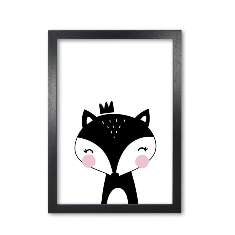 Scandi black fox with crown modern fine art print, framed childrens nursey wall art poster