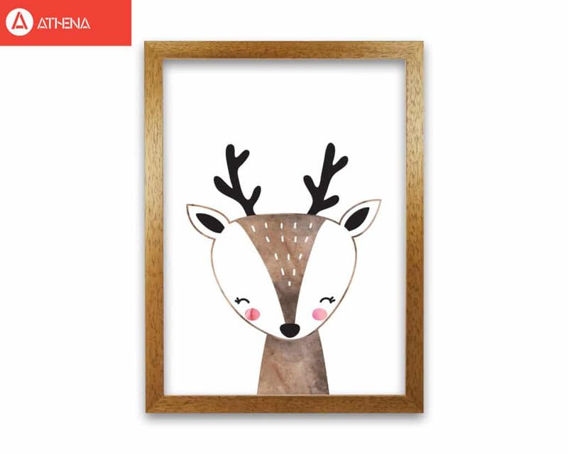 Scandi brown deer watercolour modern fine art print, framed childrens nursey wall art poster