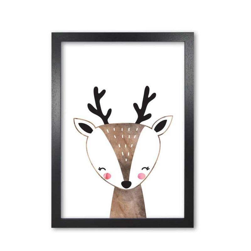 Scandi brown deer watercolour modern fine art print, framed childrens nursey wall art poster