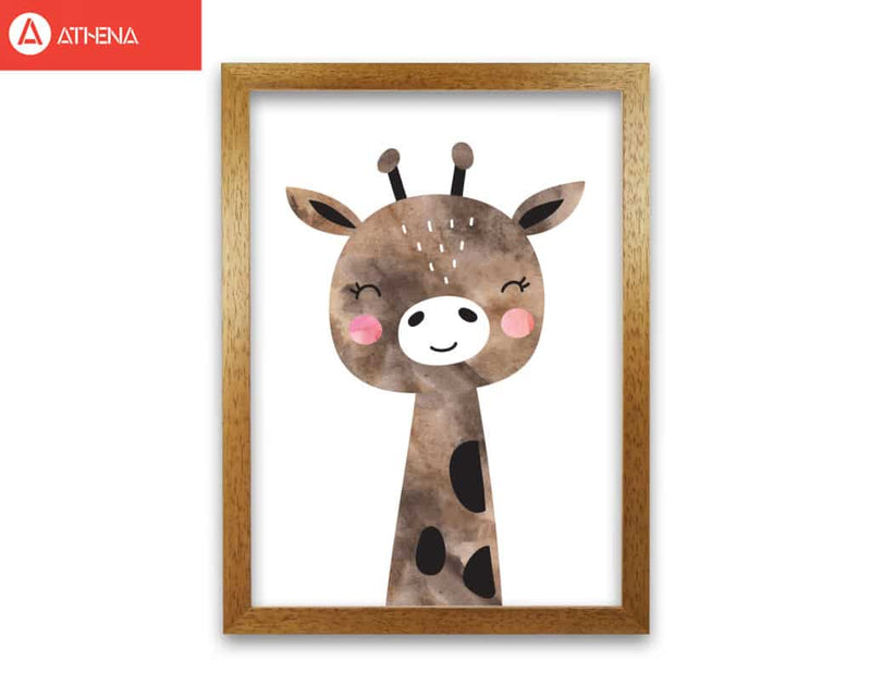 Scandi brown giraffe watercolour modern fine art print, framed childrens nursey wall art poster