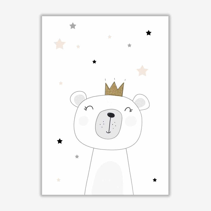 Scandi cute bear with crown and stars modern fine art print, framed childrens nursey wall art poster