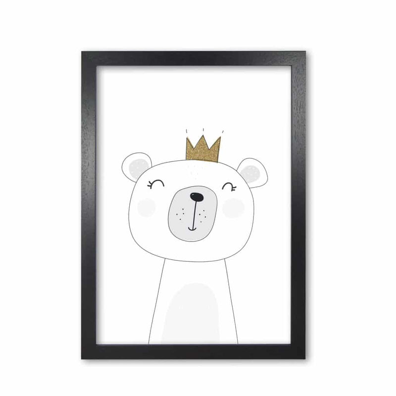 Scandi cute bear with crown modern fine art print, framed childrens nursey wall art poster