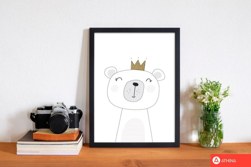 Scandi cute bear with crown modern fine art print, framed childrens nursey wall art poster
