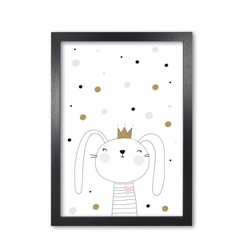 Scandi cute bunny with crown and polka dots modern fine art print, framed childrens nursey wall art poster