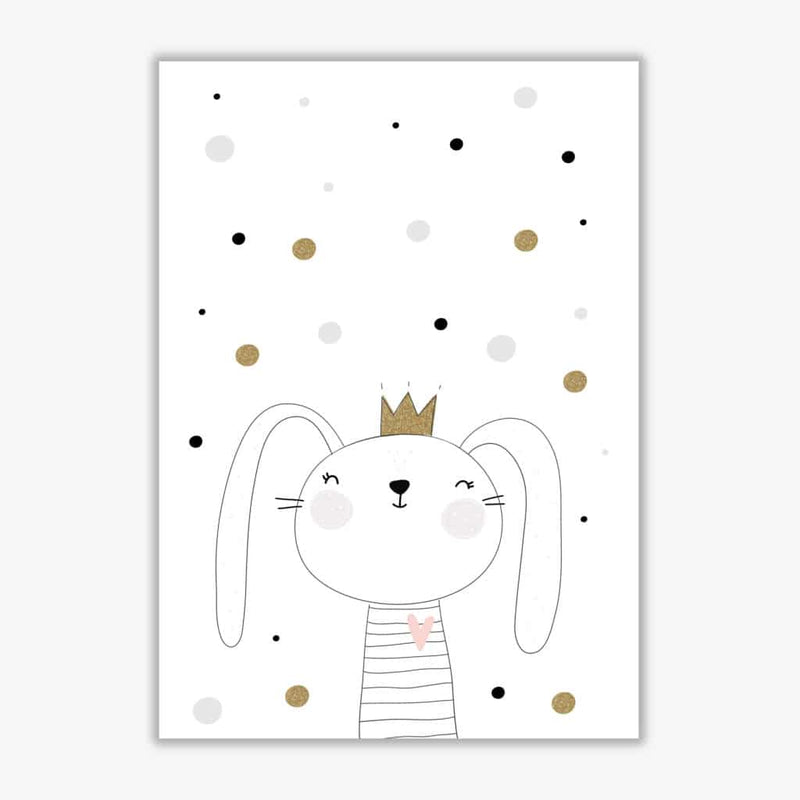 Scandi cute bunny with crown and polka dots modern fine art print, framed childrens nursey wall art poster