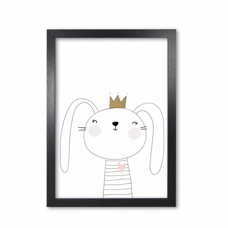 Scandi cute bunny with crown modern fine art print, framed childrens nursey wall art poster