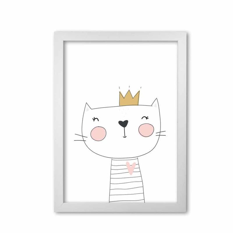 Scandi cute cat with crown modern fine art print, framed childrens nursey wall art poster