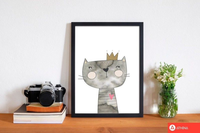 Scandi grey cat watercolour modern fine art print, framed childrens nursey wall art poster