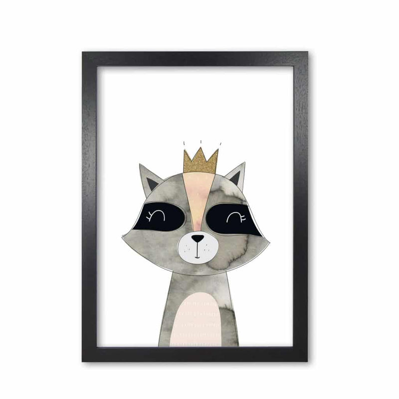 Scandi grey raccoon watercolour modern fine art print, framed childrens nursey wall art poster