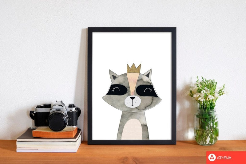 Scandi grey raccoon watercolour modern fine art print, framed childrens nursey wall art poster