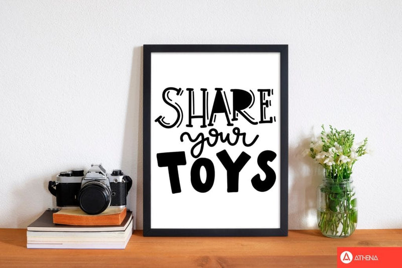 Share your toys modern fine art print, framed childrens nursey wall art poster