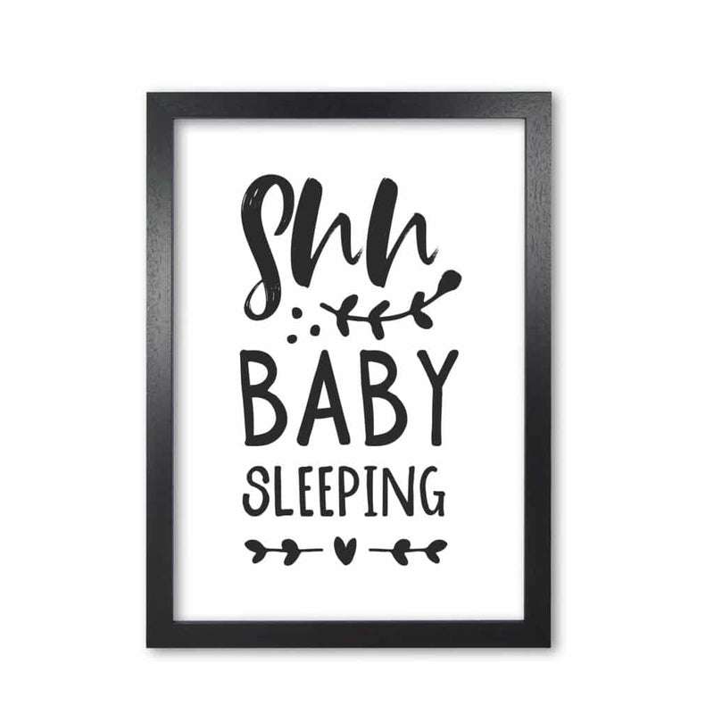 Shh baby sleeping black modern fine art print, framed childrens nursey wall art poster