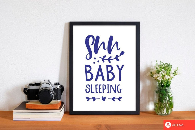 Shh baby sleeping navy modern fine art print, framed childrens nursey wall art poster