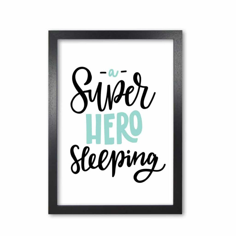 Superhero sleeping mint and black modern fine art print, framed childrens nursey wall art poster