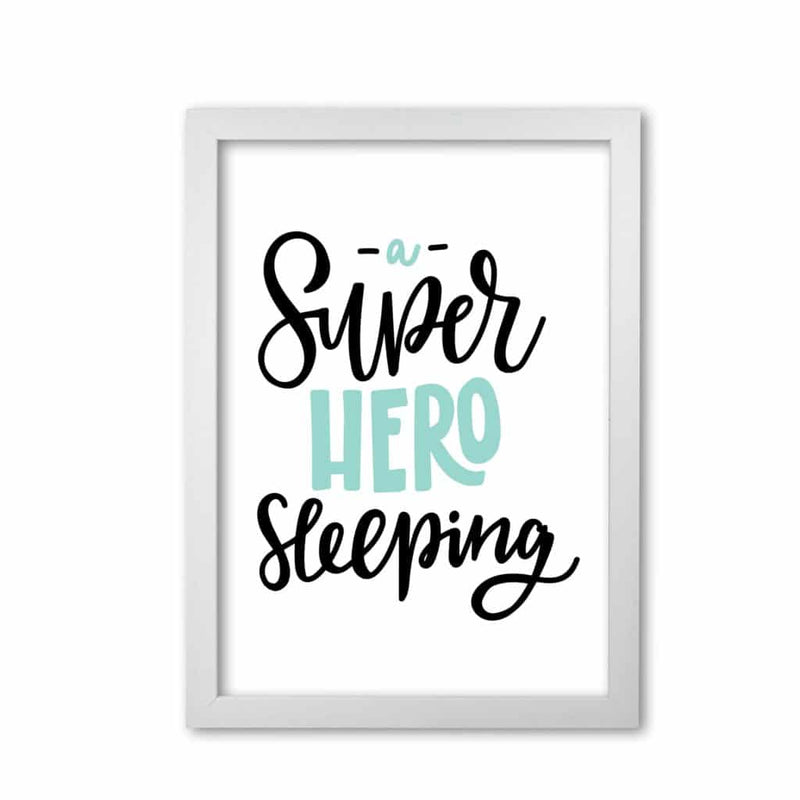 Superhero sleeping mint and black modern fine art print, framed childrens nursey wall art poster