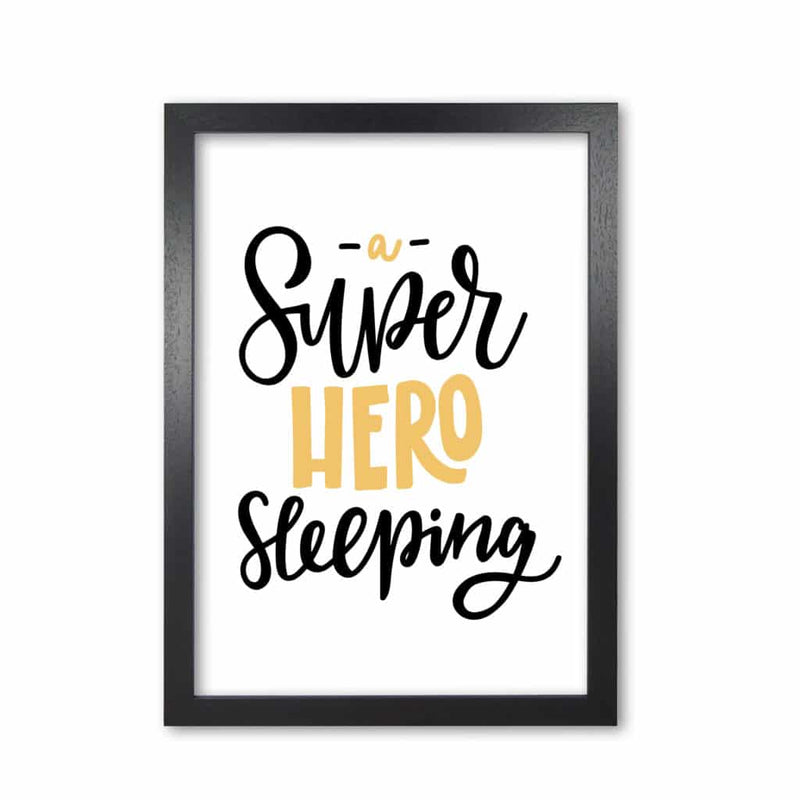 Superhero sleeping mustard and black modern fine art print, framed childrens nursey wall art poster