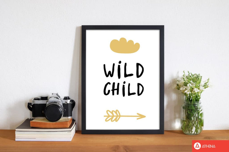 Wild child mustard and black modern fine art print, framed childrens nursey wall art poster