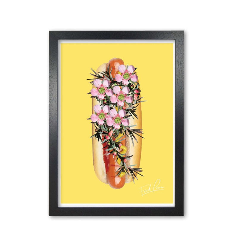 Yellow hot dog food porn modern fine art print, framed kitchen wall art