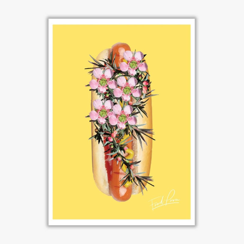 Yellow hot dog food porn modern fine art print, framed kitchen wall art